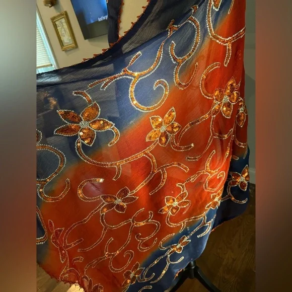 Floral Embroidered Scarf in Red and Blue Large 69”x 33” - Picture 9 of 13